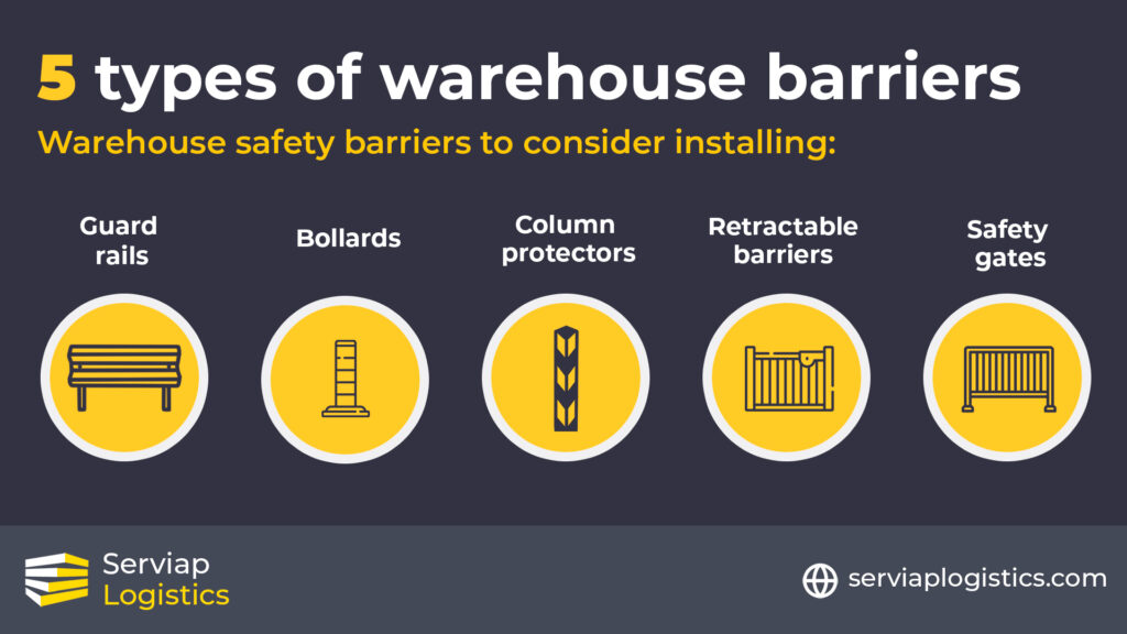 A Serviap Logistics infographic of five types of warehouse barriers - warehouse safety barriers