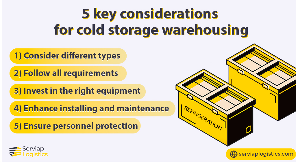 Serviap Logistics graphic showing the 5 key considerations for setting up a cold storage warehouse