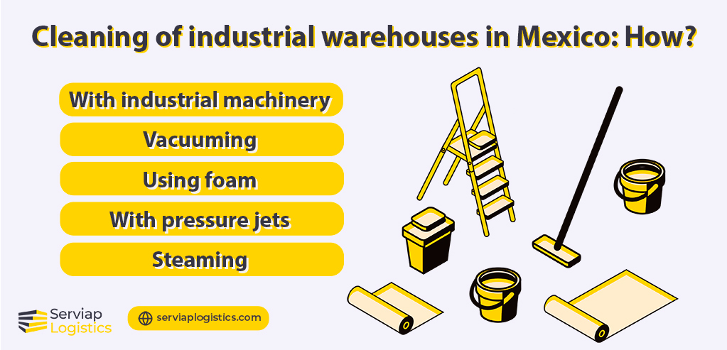 Serviap Logistics graphic showing different options for the cleaning of industrial warehouses in Mexico