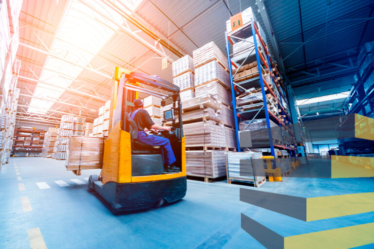 Forklift in logistics space to illustrate article on Warehouse floor line painting for Serviap Logistics