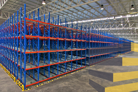 A normal warehouse layour racking design in blue and red