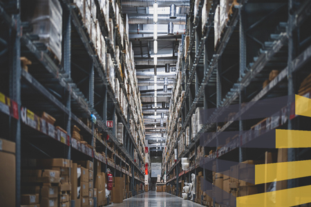 High warehouse racking layout in use.