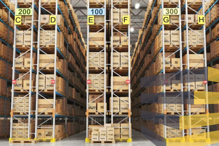 Row of racks with warehouse signs in Brazil