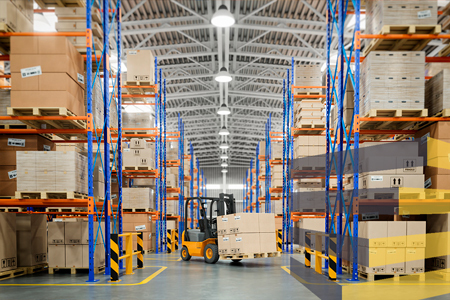 Forklift truck following warehouse safety floor markings to navigate logistics center.