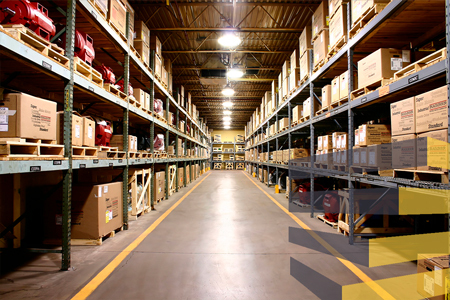 Warehouse safety floor marking on aisle in logistics center