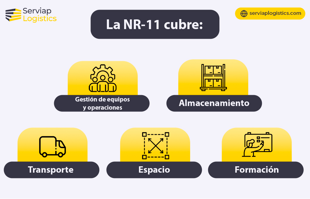 Gráfico de Serviap Logistics sobre las principales áreas cubiertas por la normativa NR-11 en Brasil.