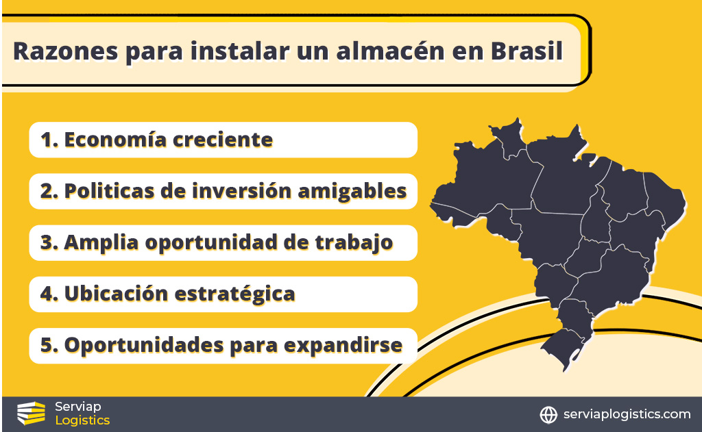 Un gráfico de Serviap Logistics para mostrar las razones para instalar un almacén en Brasil.