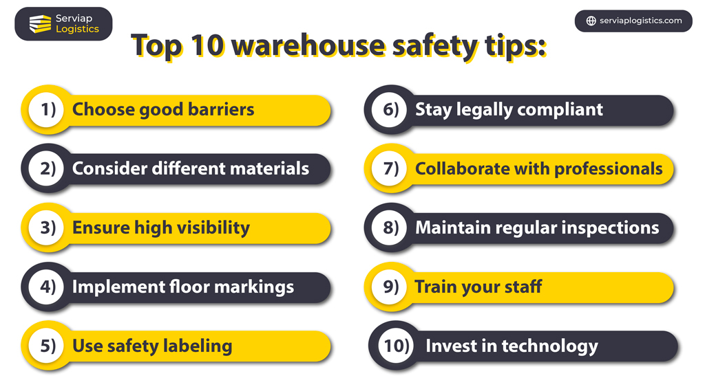 Serviap Logistics graphic on the top 10 s
warehouse safety tips to be aware of